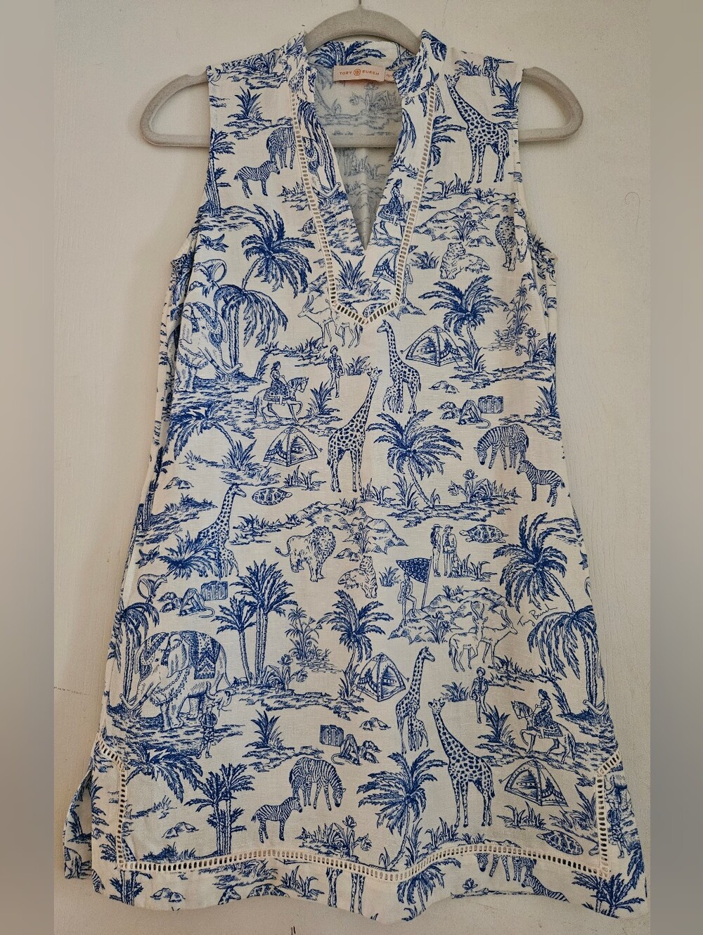 Tory Burch XS Blue Safari Toile Linen Blend Mini Shift Dress